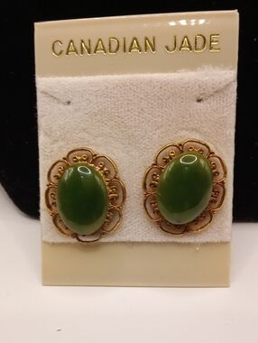 Canadian Jade Green Oval Stone Filigree Earrings with Gold-Tone Accents